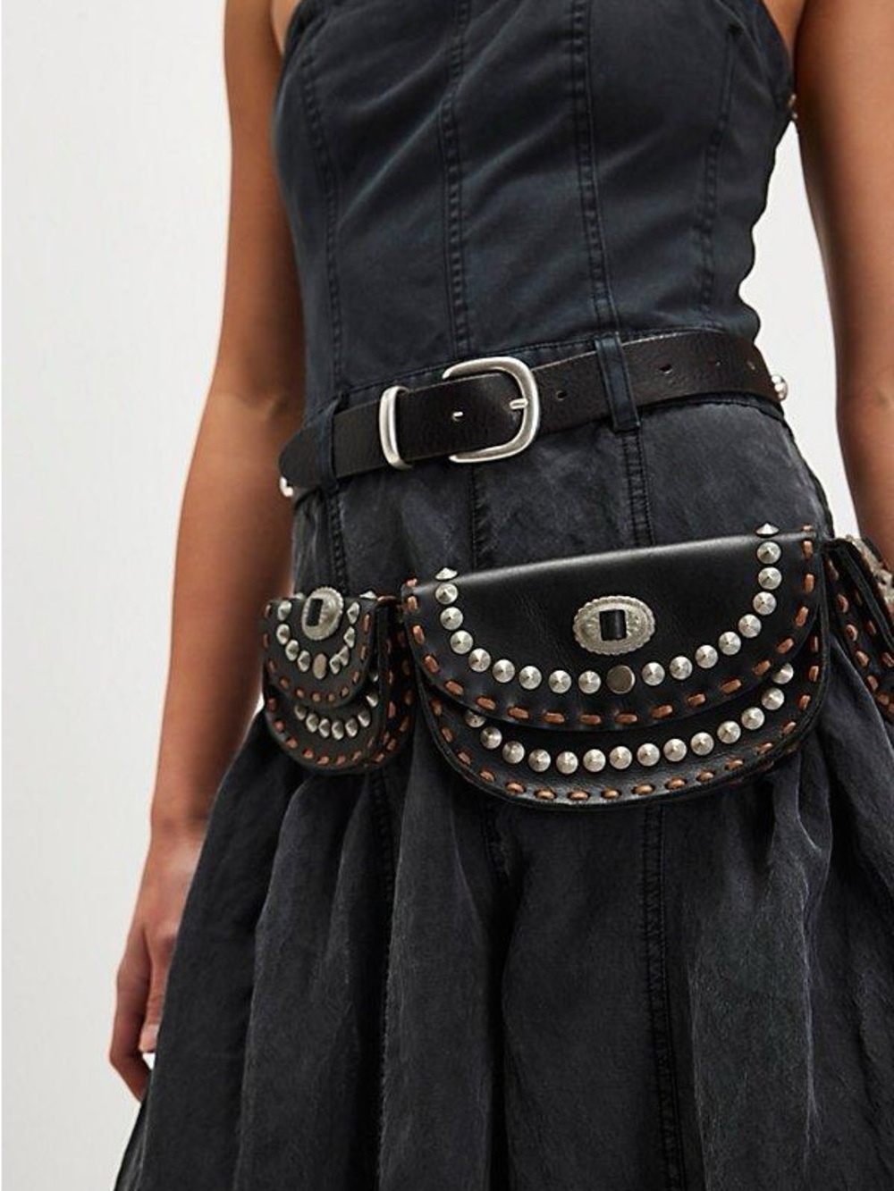 Free People Black Double Studded Leather Belt Bag